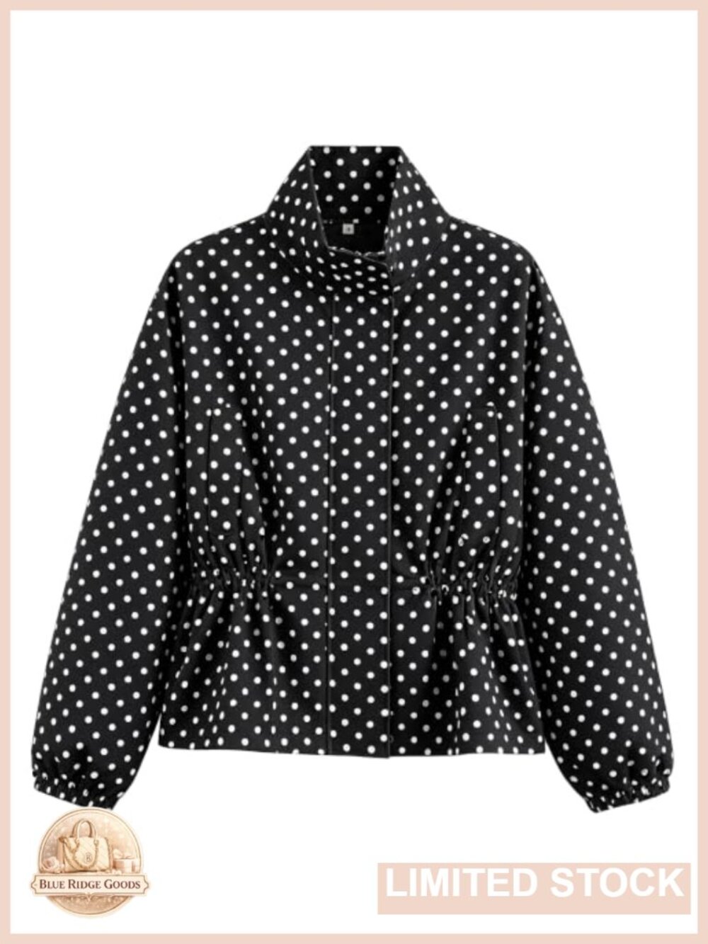 Funnel Neck Polka Dot Windbreaker Jacket Lightweight Zip Up Casual